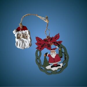 2 vintage/style Santa Claus Christmas ornaments pottery plywood rustic